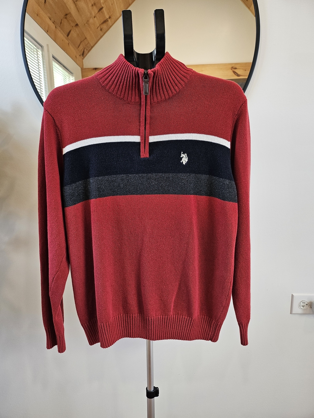 U.S. Polo Assn. Red Half-Zip Sweater with Navy and Gray Stripes